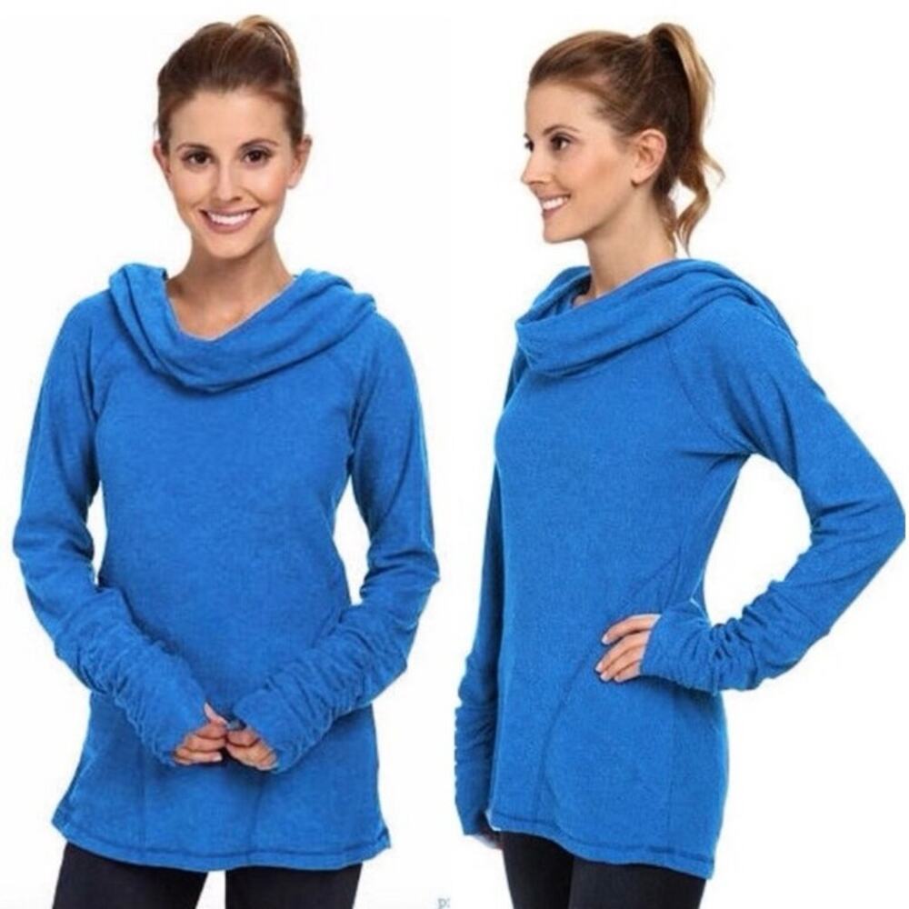 Kuhl Women's Sz S Kamryn Teal Blue Ribbed Ruched Cowl Neck Hooded Pullover